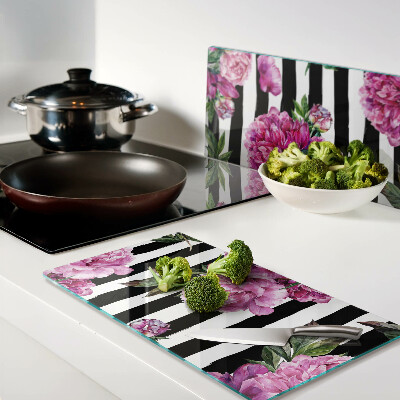 Glass chopping board Peony flowers on stripes