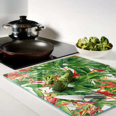 Glass kitchen board Tropical leaves and flowers