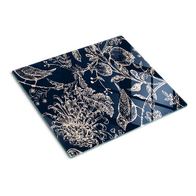 Glass chopping board Flowers and birds on a dark background