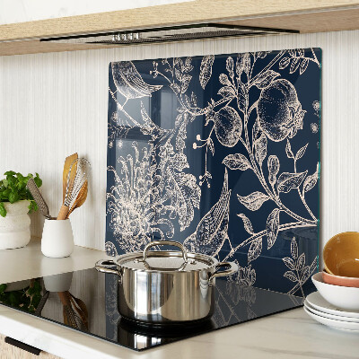 Glass chopping board Flowers and birds on a dark background