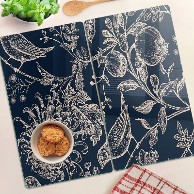 Glass chopping board Flowers and birds on a dark background