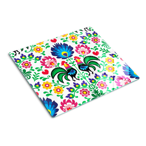 Glass chopping board Folk motif with roosters