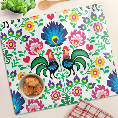 Glass chopping board Folk motif with roosters