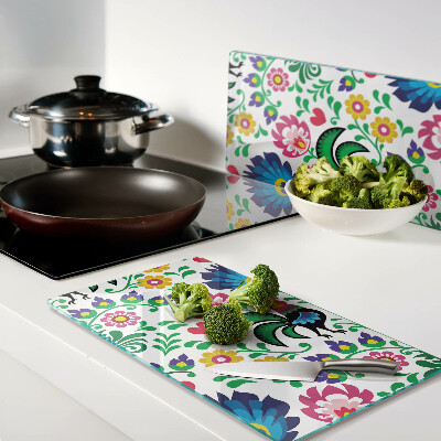 Glass chopping board Folk motif with roosters