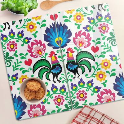 Glass chopping board Folk motif with roosters