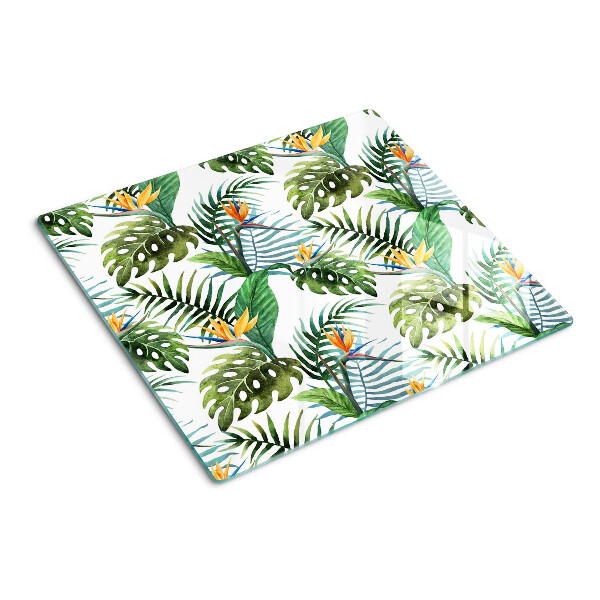 Glass kitchen board Tropical leaves and flowers