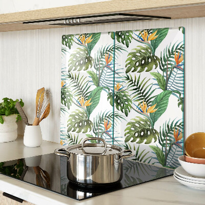 Glass kitchen board Tropical leaves and flowers