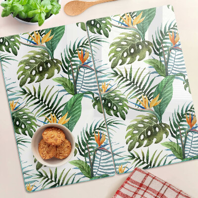 Glass kitchen board Tropical leaves and flowers