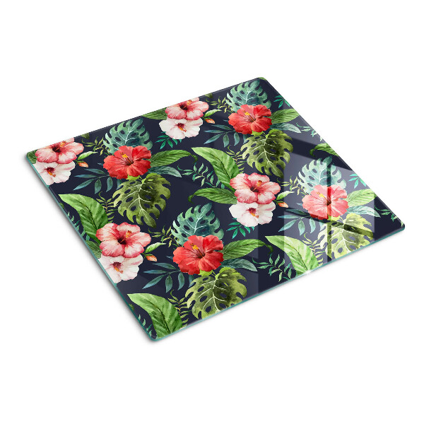 Glass kitchen board Tropical flowers with leaves