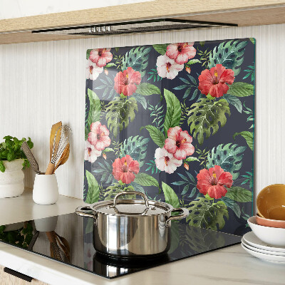 Glass kitchen board Tropical flowers with leaves