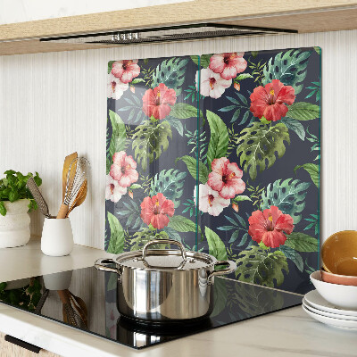 Glass kitchen board Tropical flowers with leaves