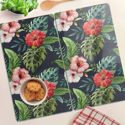 Glass kitchen board Tropical flowers with leaves