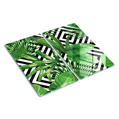 Glass kitchen board Tropical leaves on stripes