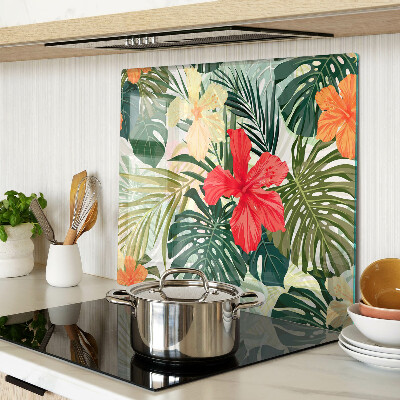 Glass kitchen board Tropical flowers and leaves
