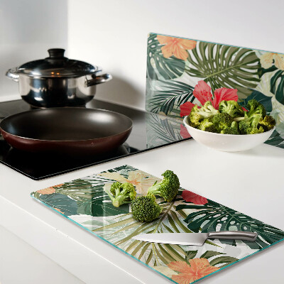 Glass kitchen board Tropical flowers and leaves
