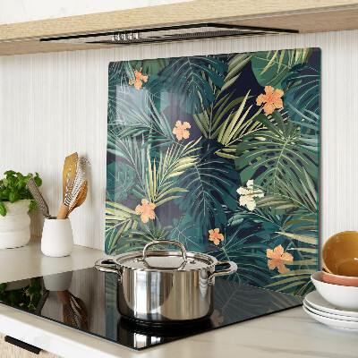 Glass kitchen board Tropical pattern with leaves and flowers