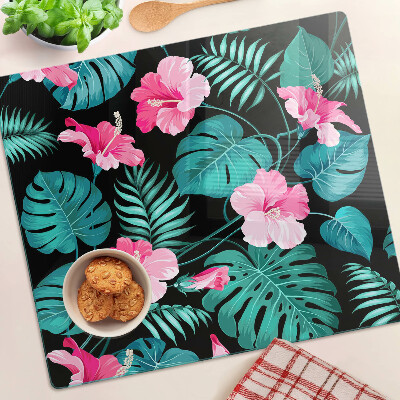 Glass kitchen board Tropical flowers and leaves
