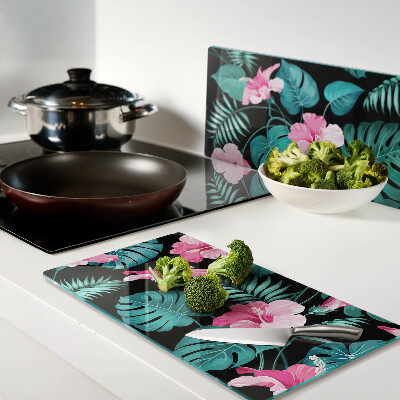 Glass kitchen board Tropical flowers and leaves