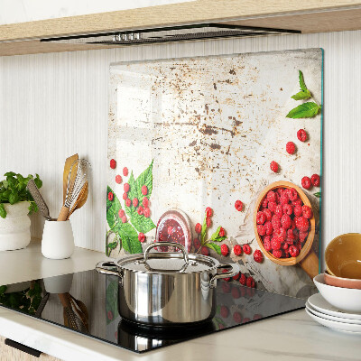 Glass kitchen board Raspberries and leaves