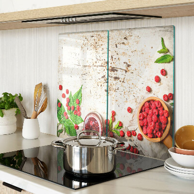 Glass kitchen board Raspberries and leaves