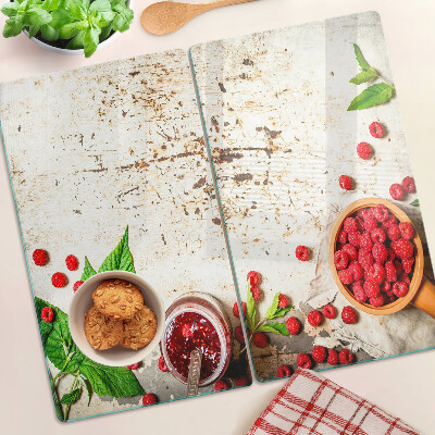 Glass kitchen board Raspberries and leaves