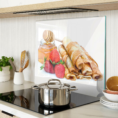 Glass kitchen board Pancakes with honey and strawberries