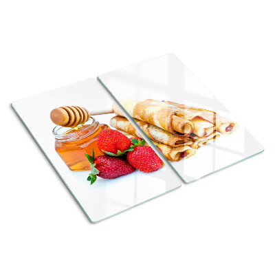 Glass kitchen board Pancakes with honey and strawberries