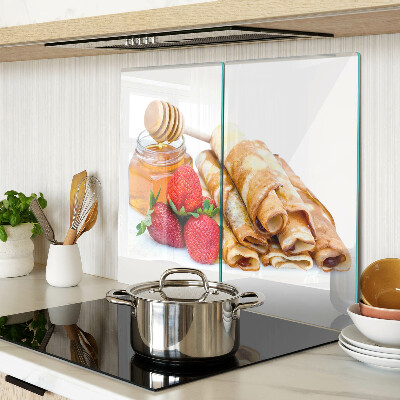 Glass kitchen board Pancakes with honey and strawberries