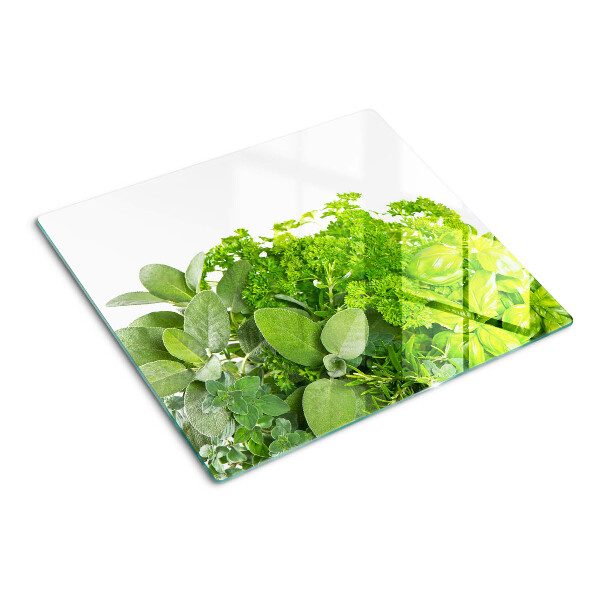 Glass chopping board Green herbs and leaves