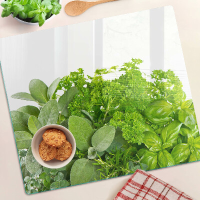 Glass chopping board Green herbs and leaves