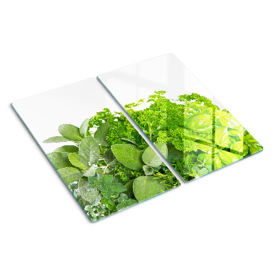 Glass chopping board Green herbs and leaves