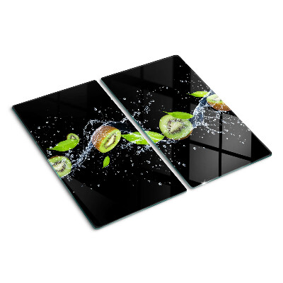 Glass chopping board Kiwi in water with leaves