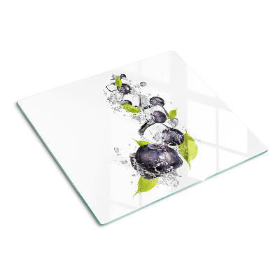 Glass kitchen board Plums in water with leaves