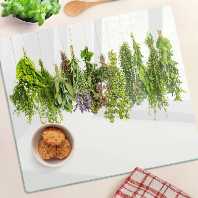 Glass kitchen board Herbs hanging on a string