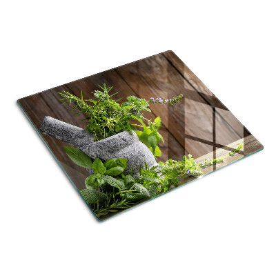 Glass chopping board Herbs in a pot