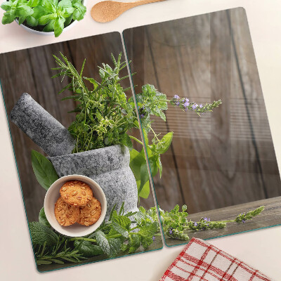 Glass chopping board Herbs in a pot