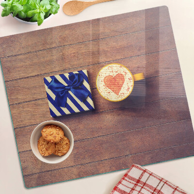 Glass chopping board A gift with a heart on a cup