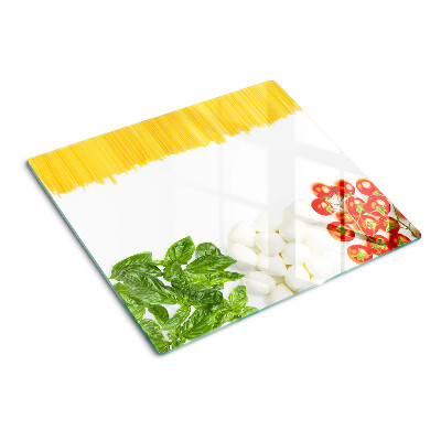 Glass chopping board Pasta with herbs and tomatoes