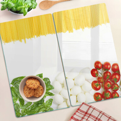 Glass chopping board Pasta with herbs and tomatoes