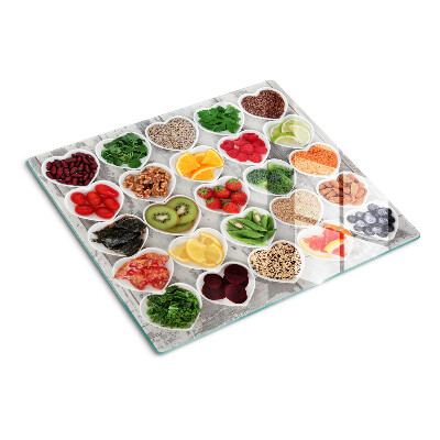 Glass kitchen board Fruits and vegetables in hearts