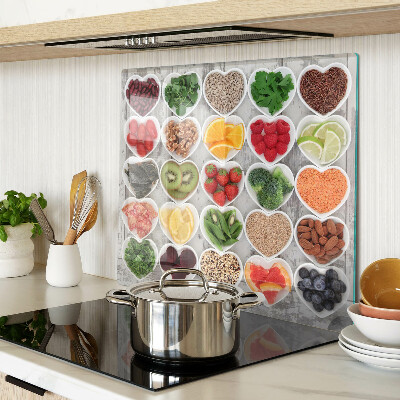 Glass kitchen board Fruits and vegetables in hearts