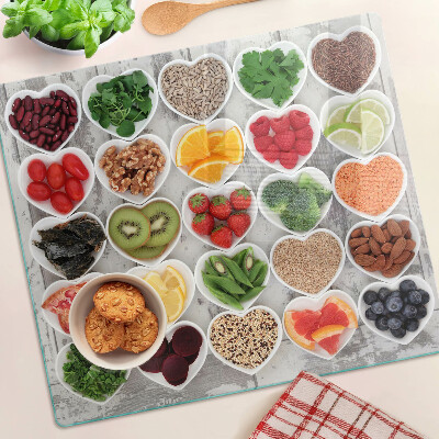 Glass kitchen board Fruits and vegetables in hearts