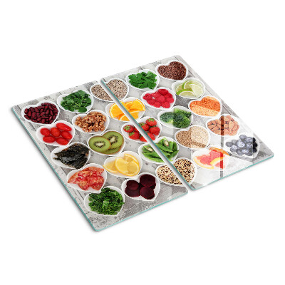 Glass kitchen board Fruits and vegetables in hearts