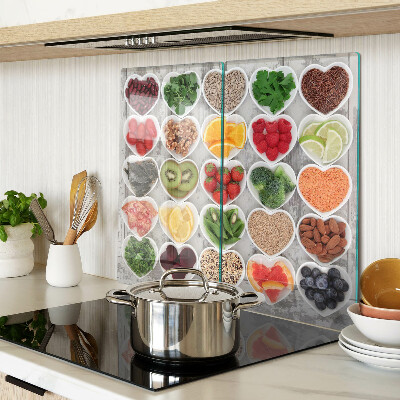 Glass kitchen board Fruits and vegetables in hearts