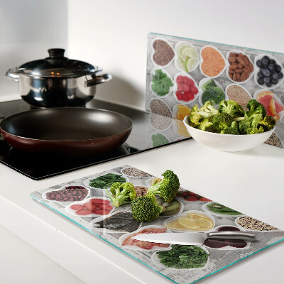 Glass kitchen board Fruits and vegetables in hearts