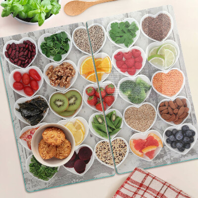 Glass kitchen board Fruits and vegetables in hearts