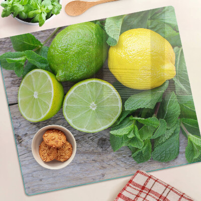 Glass chopping board Lemons and limes with mint