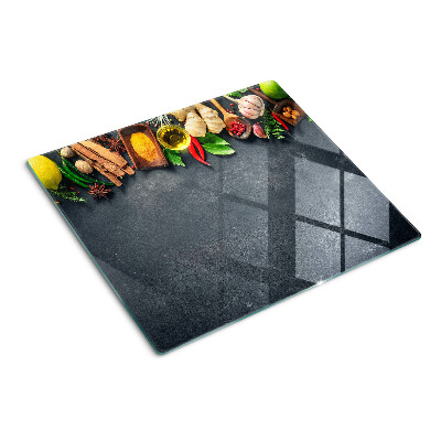 Glass kitchen board Kitchen spices and ingredients
