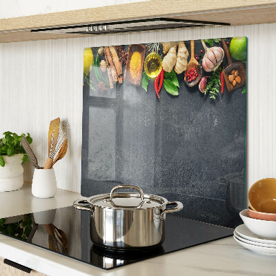 Glass kitchen board Kitchen spices and ingredients