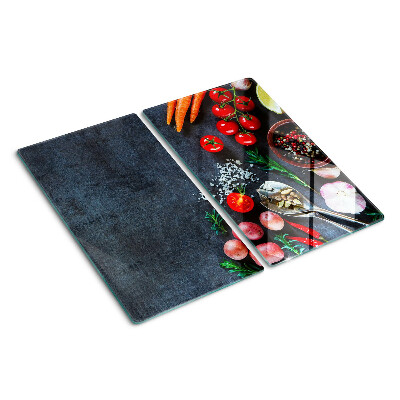 Glass kitchen board Vegetables and spices on a dark background